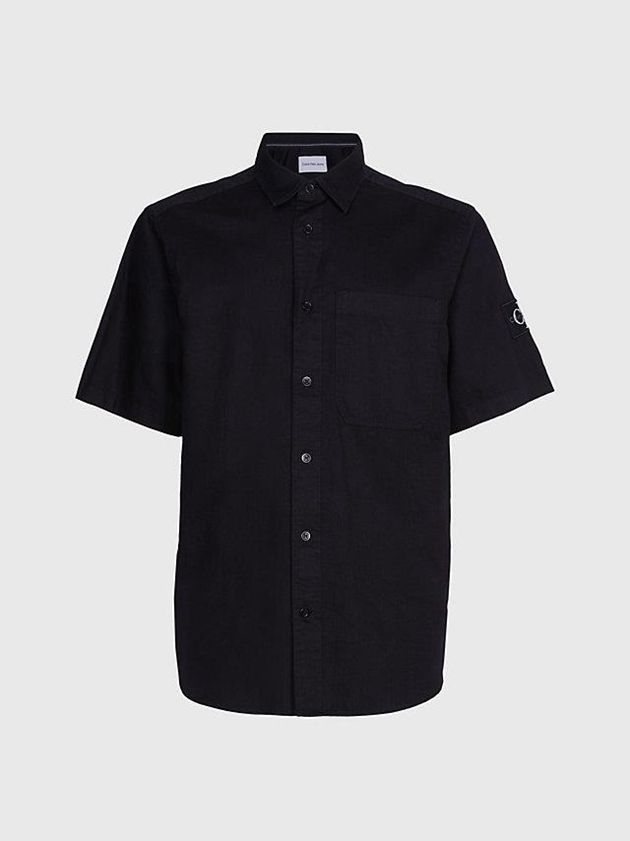 Black Calvin Klein Cotton Linen Short Sleeve Men Shirts | FREH-43671