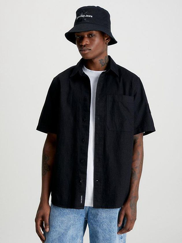 Black Calvin Klein Cotton Linen Short Sleeve Men Shirts | FREH-43671