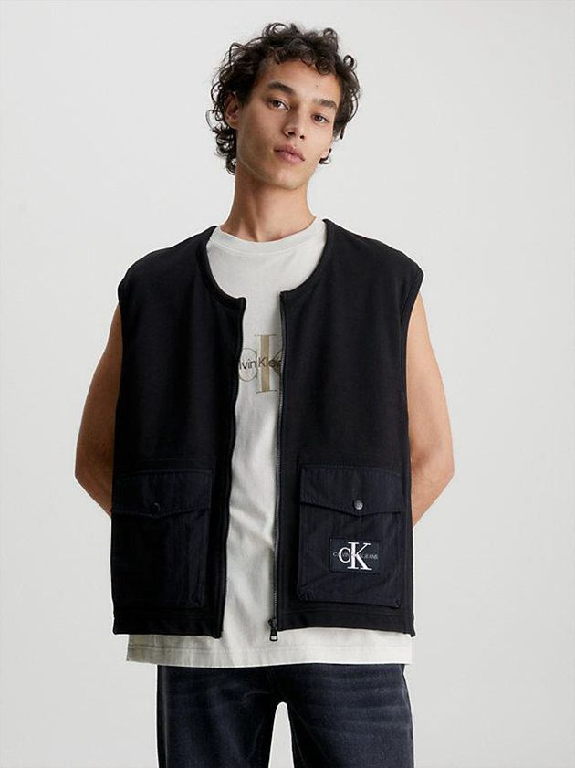Black Calvin Klein Cotton Terry Zip Up Men Vest | NTAI-45068