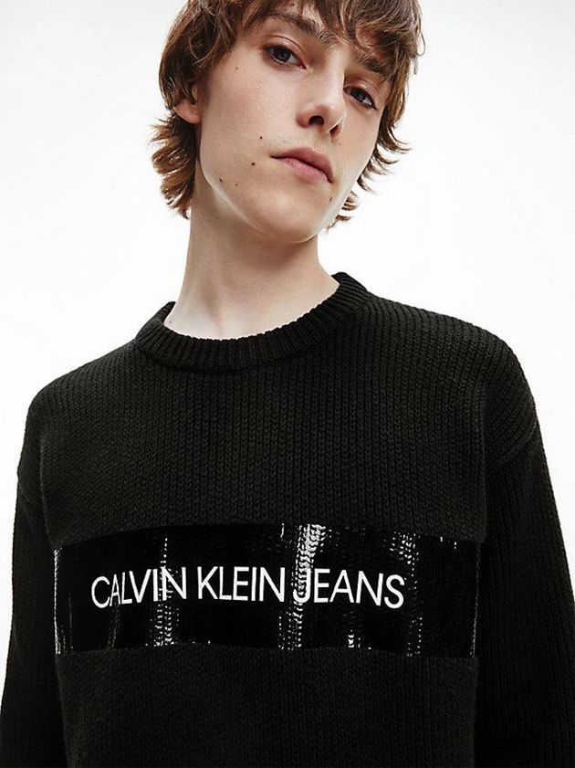 Black Calvin Klein Cotton Wool Gloss Logo Jumper Men Sweater | PHST-02643