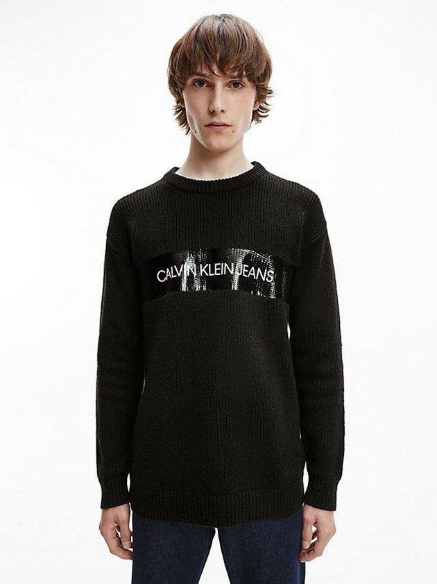Black Calvin Klein Cotton Wool Gloss Logo Jumper Men Sweater | PHST-02643