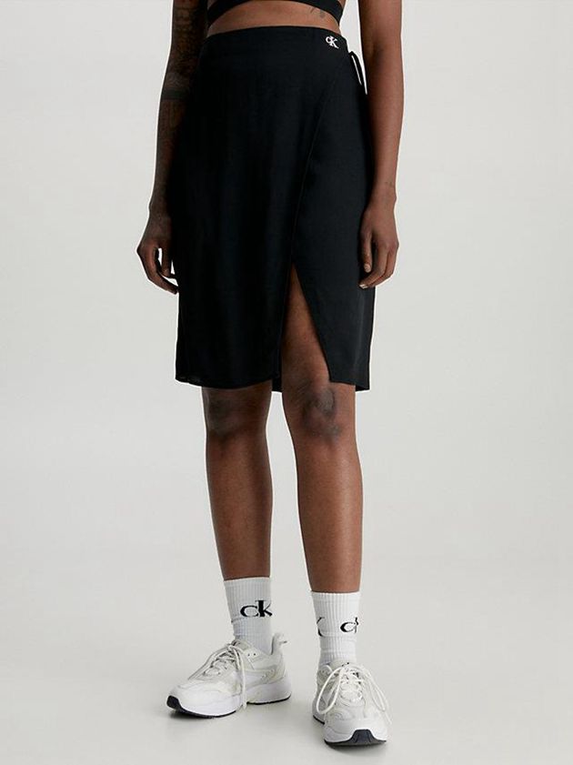 Black Calvin Klein Crepe Tie Waist Midi Women Skirt | KBGR-32154