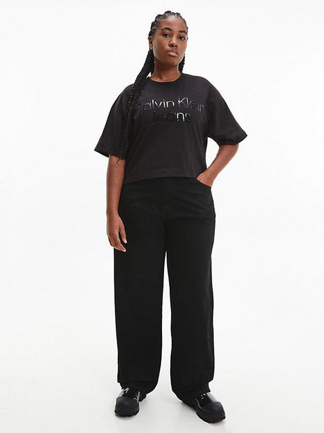 Black Calvin Klein Cropped Gloss Logo Women T-Shirt | HVIP-36512