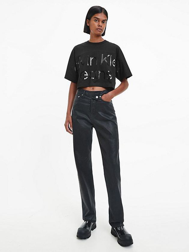 Black Calvin Klein Cropped Gloss Logo Women T-Shirt | HVIP-36512