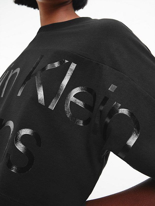 Black Calvin Klein Cropped Gloss Logo Women T-Shirt | HVIP-36512