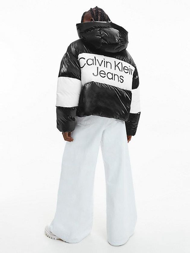 Black Calvin Klein Cropped Glossy Logo Puffer Women Jacket | VWNX-08396