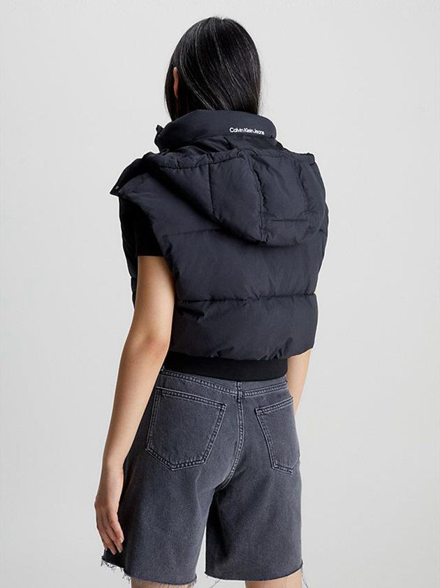 Black Calvin Klein Cropped Hooded Puffer Women Vest | HFDV-83497