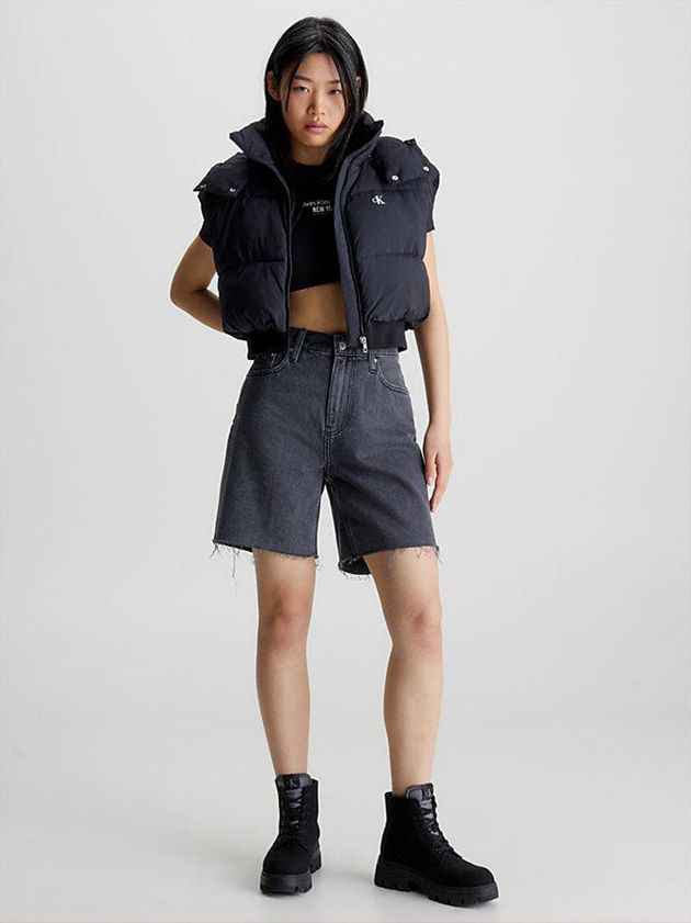 Black Calvin Klein Cropped Hooded Puffer Women Vest | HFDV-83497