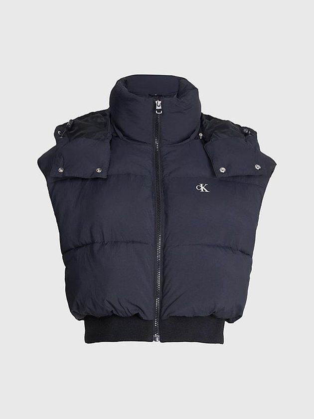 Black Calvin Klein Cropped Hooded Puffer Women Vest | HFDV-83497