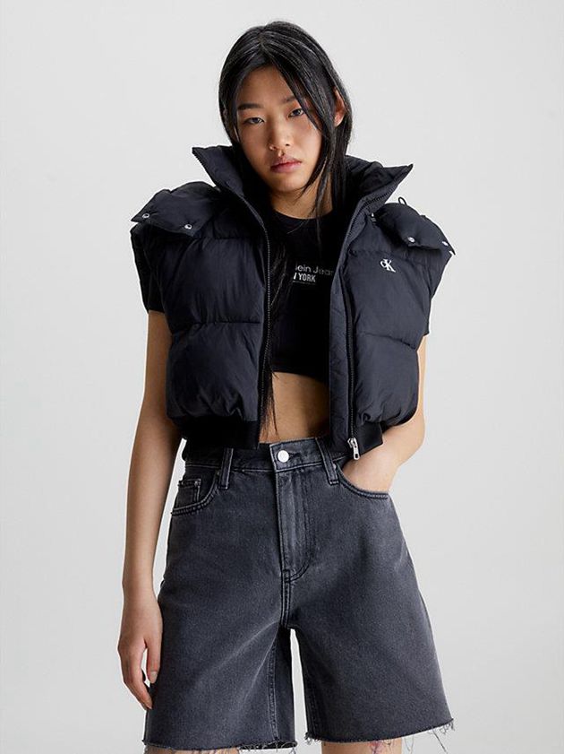 Black Calvin Klein Cropped Hooded Puffer Women Vest | HFDV-83497