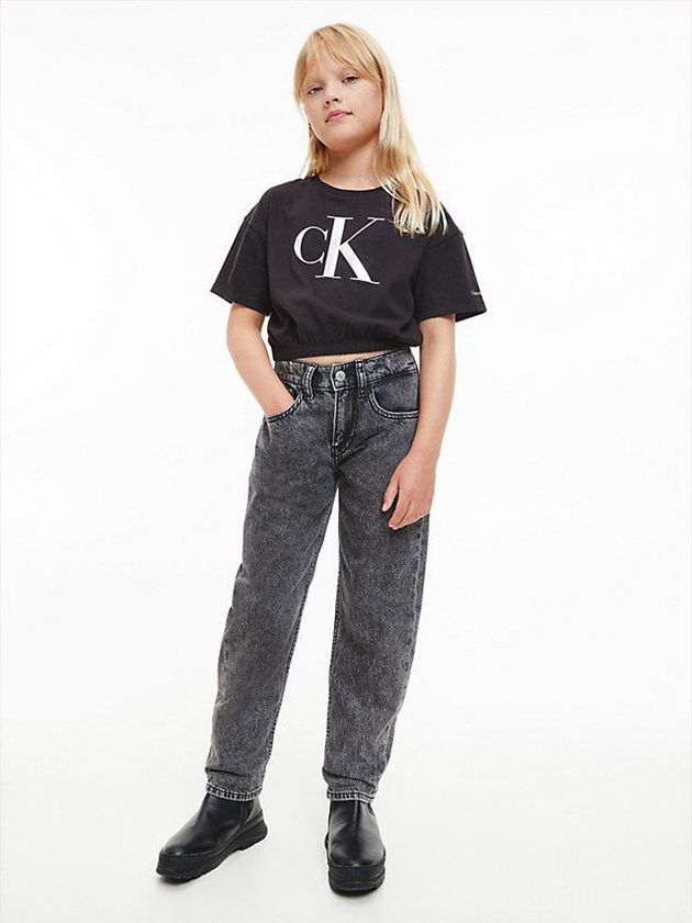 Black Calvin Klein Cropped Logo Girls's T-Shirt | LRTM-92310