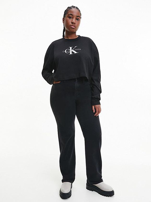Black Calvin Klein Cropped Long Sleeve Logo Women T-Shirt | LXKH-81076