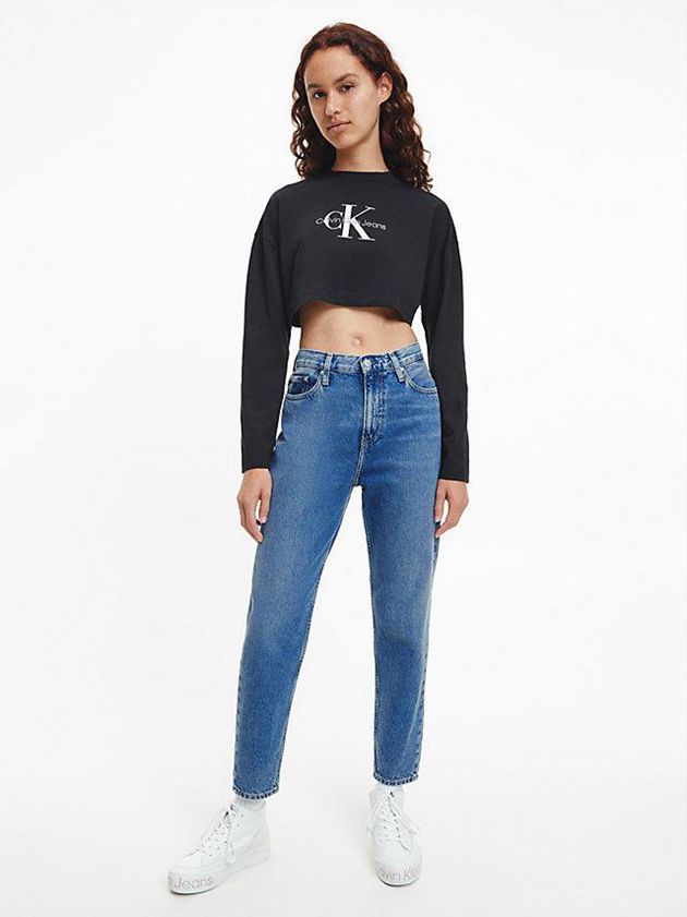 Black Calvin Klein Cropped Long Sleeve Logo Women T-Shirt | LXKH-81076