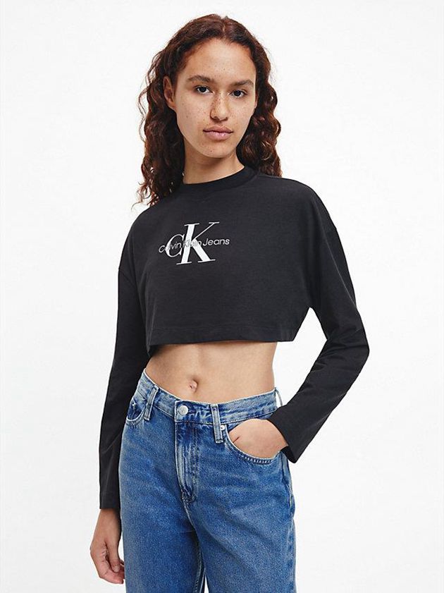 Black Calvin Klein Cropped Long Sleeve Logo Women T-Shirt | LXKH-81076