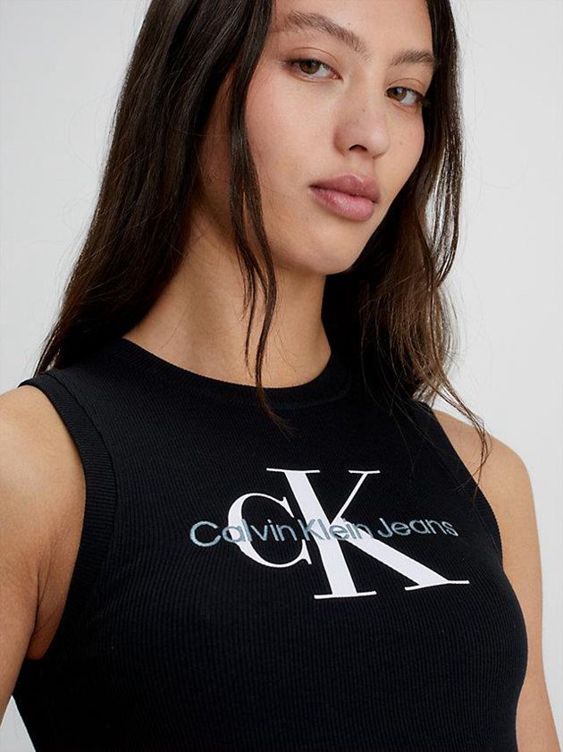 Black Calvin Klein Cropped Monogram Tank Women Top | KEJI-07956