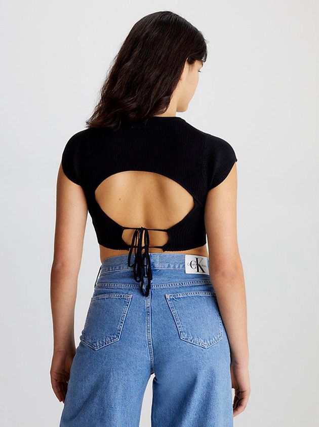 Black Calvin Klein Cropped Open Back Knit Women Top | WHBD-58307