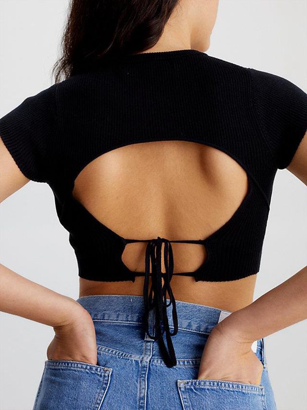 Black Calvin Klein Cropped Open Back Knit Women Top | WHBD-58307