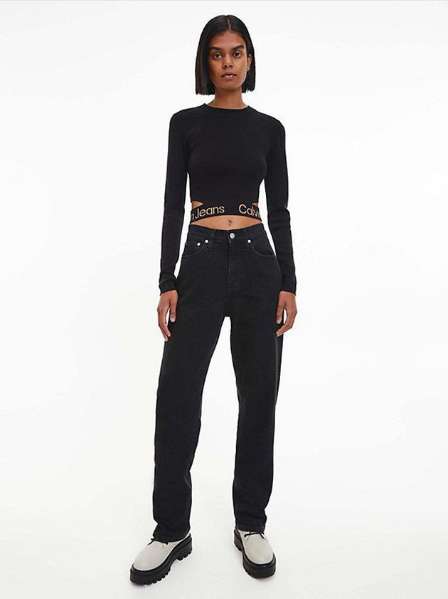 Black Calvin Klein Cut Out Logo Tape Jumper Women Sweater | JSLH-41729