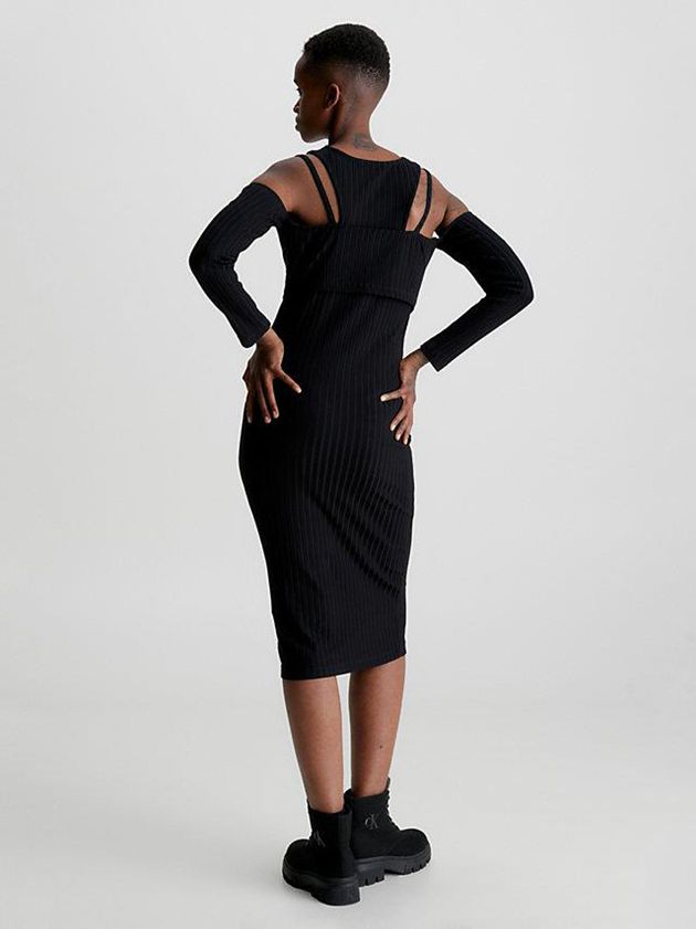 Black Calvin Klein Double Layer Cut Out Midi Women Dress | YALM-30685