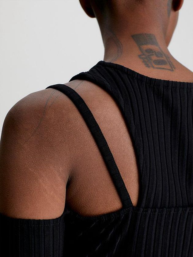 Black Calvin Klein Double Layer Cut Out Midi Women Dress | YALM-30685