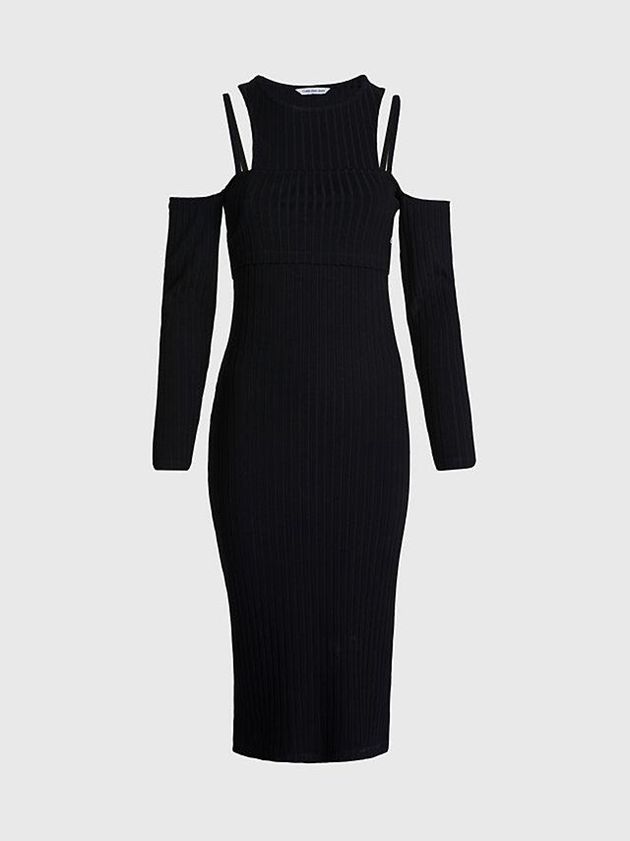 Black Calvin Klein Double Layer Cut Out Midi Women Dress | YALM-30685