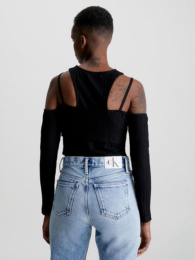 Black Calvin Klein Double Layer Cut Out Women Top | SGVD-58692