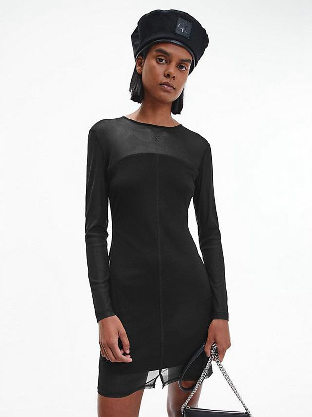 Black Calvin Klein Double Layer Mesh Bodycon Women Dress | USNM-78512
