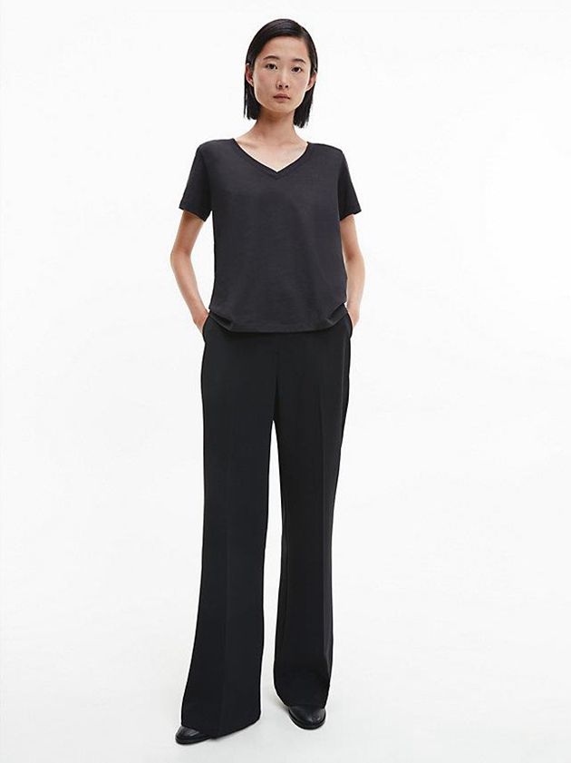 Black Calvin Klein Essential V-Neck Women T-Shirt | NJIK-04218