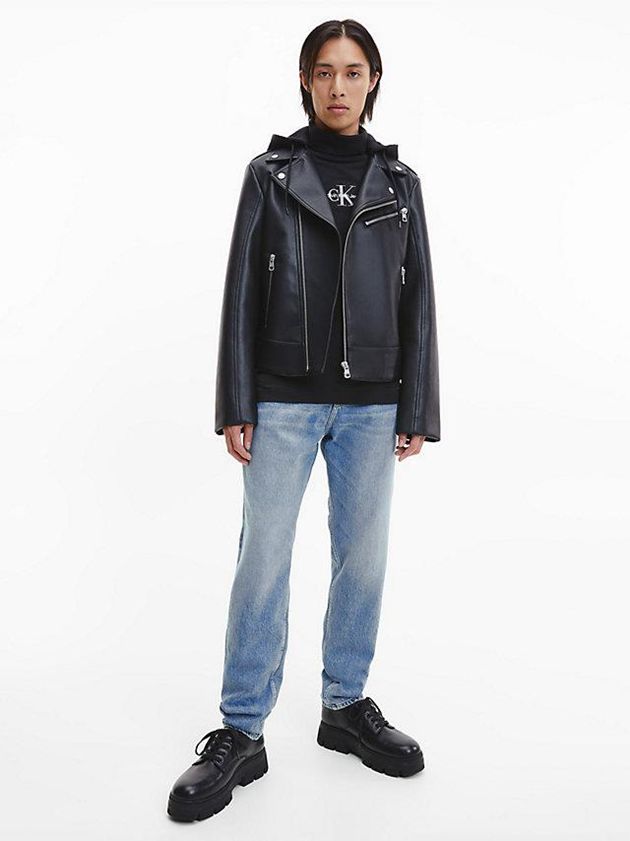 Black Calvin Klein Faux Leather Hooded Biker Men Jacket | FNMY-59243