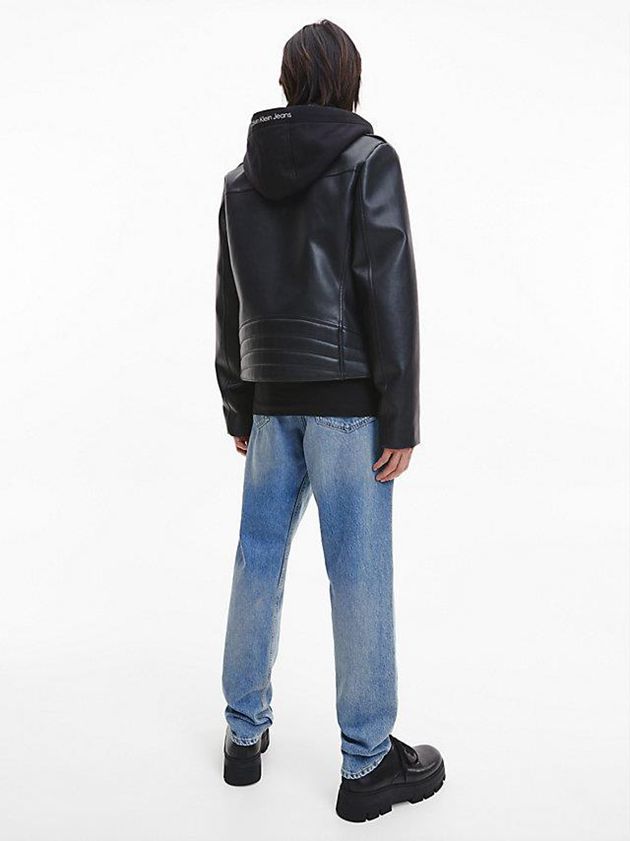 Black Calvin Klein Faux Leather Hooded Biker Men Jacket | FNMY-59243
