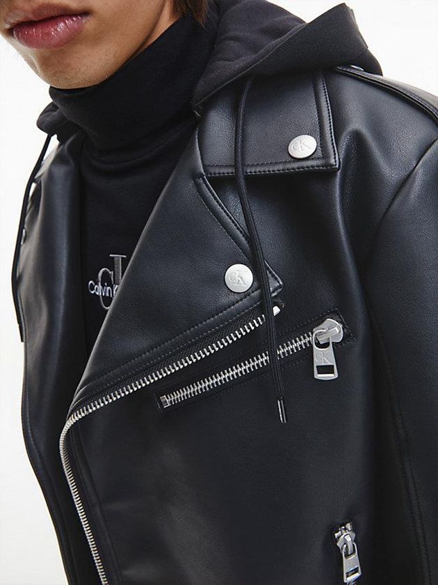 Black Calvin Klein Faux Leather Hooded Biker Men Jacket | FNMY-59243