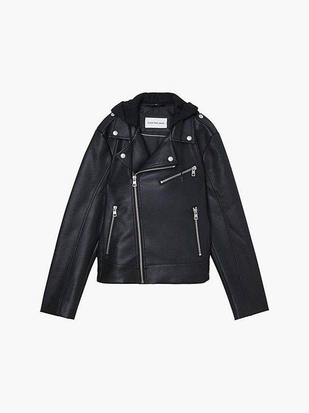 Black Calvin Klein Faux Leather Hooded Biker Men Jacket | FNMY-59243