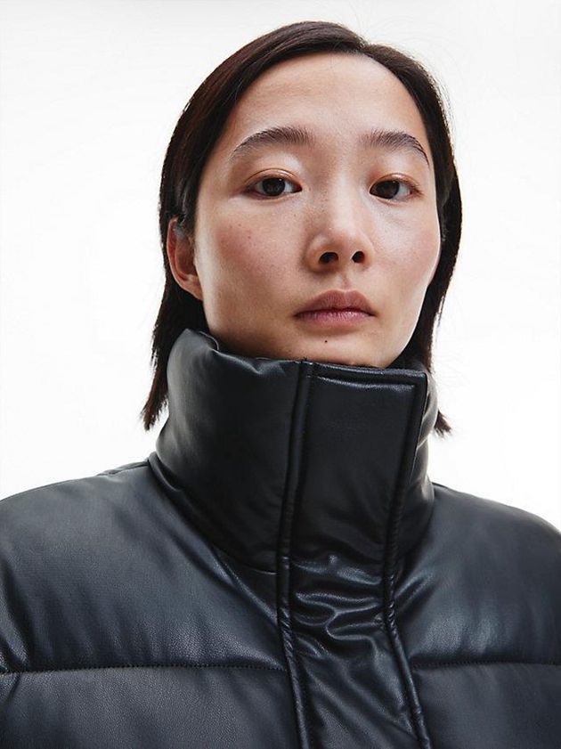 Black Calvin Klein Faux Leather Puffer Women Jacket | EFJP-12598