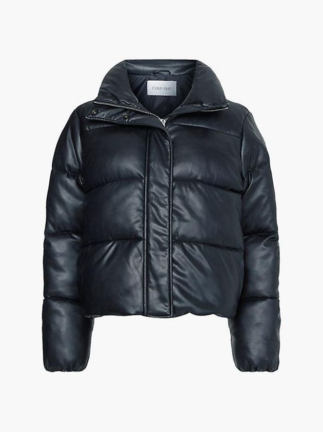 Black Calvin Klein Faux Leather Puffer Women Jacket | EFJP-12598