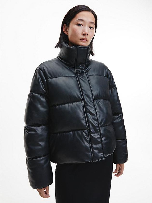 Black Calvin Klein Faux Leather Puffer Women Jacket | EFJP-12598