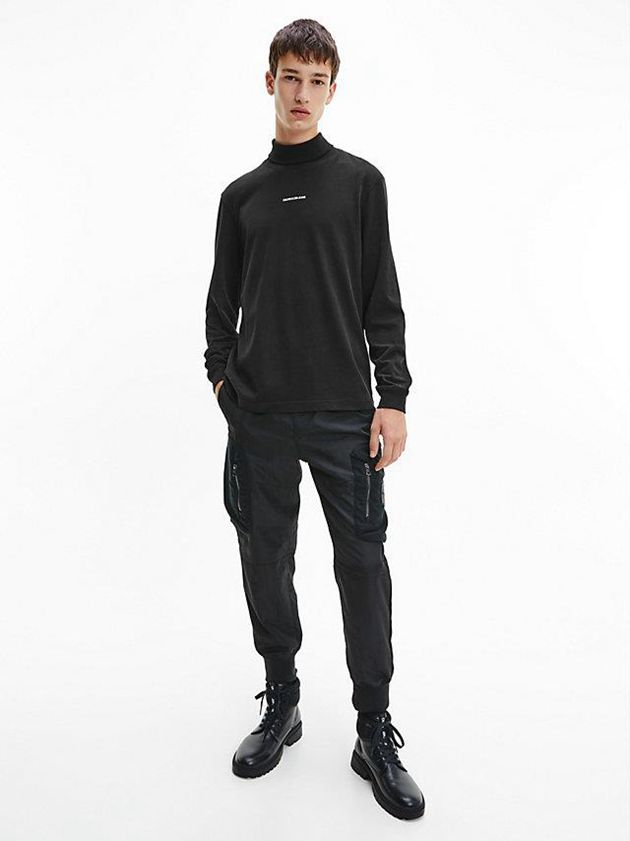 Black Calvin Klein Funnel Neck Long Sleeve Men T-Shirt | GLXH-35712