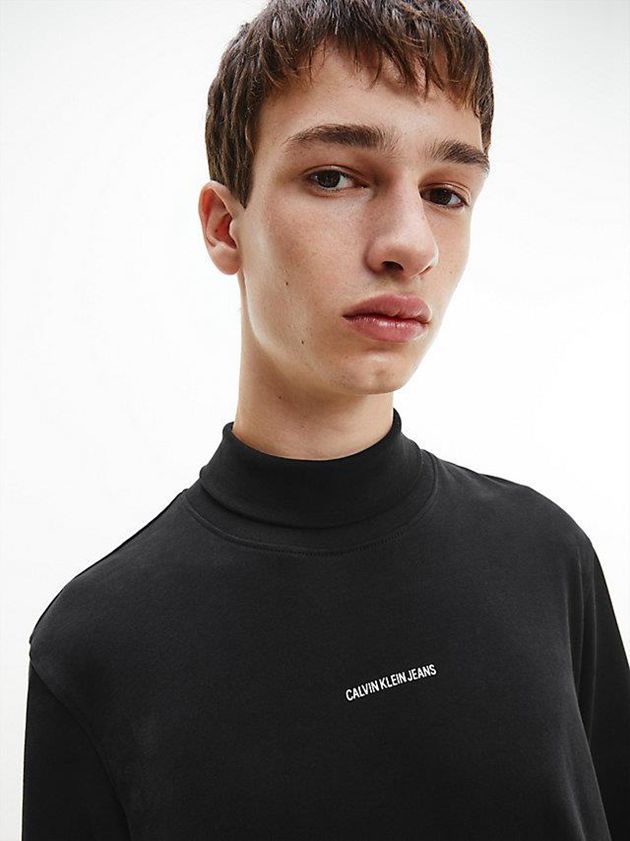 Black Calvin Klein Funnel Neck Long Sleeve Men T-Shirt | GLXH-35712