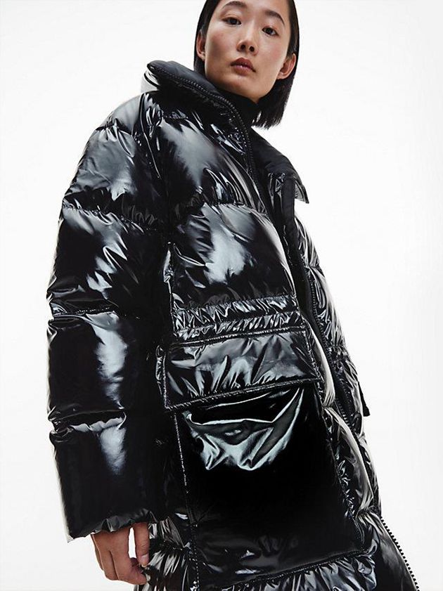 Black Calvin Klein Glossy Nylon Down Puffer Women Coat | FEJQ-95867
