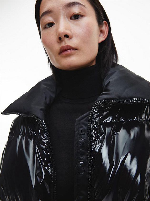 Black Calvin Klein Glossy Nylon Down Puffer Women Coat | FEJQ-95867