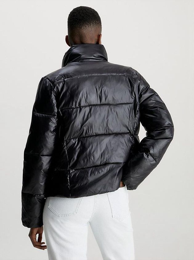 Black Calvin Klein Glossy Puffer Women Jacket | OKWM-21804