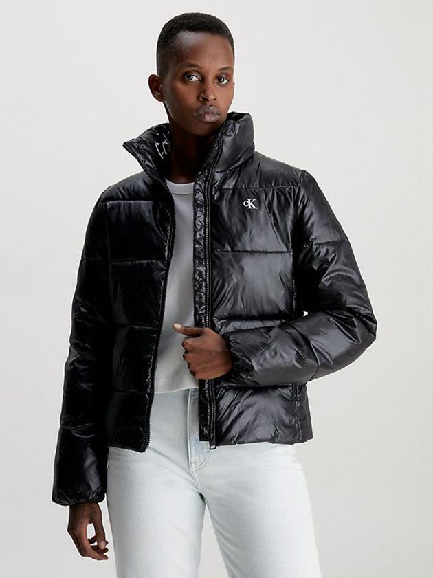 Black Calvin Klein Glossy Puffer Women Jacket | OKWM-21804
