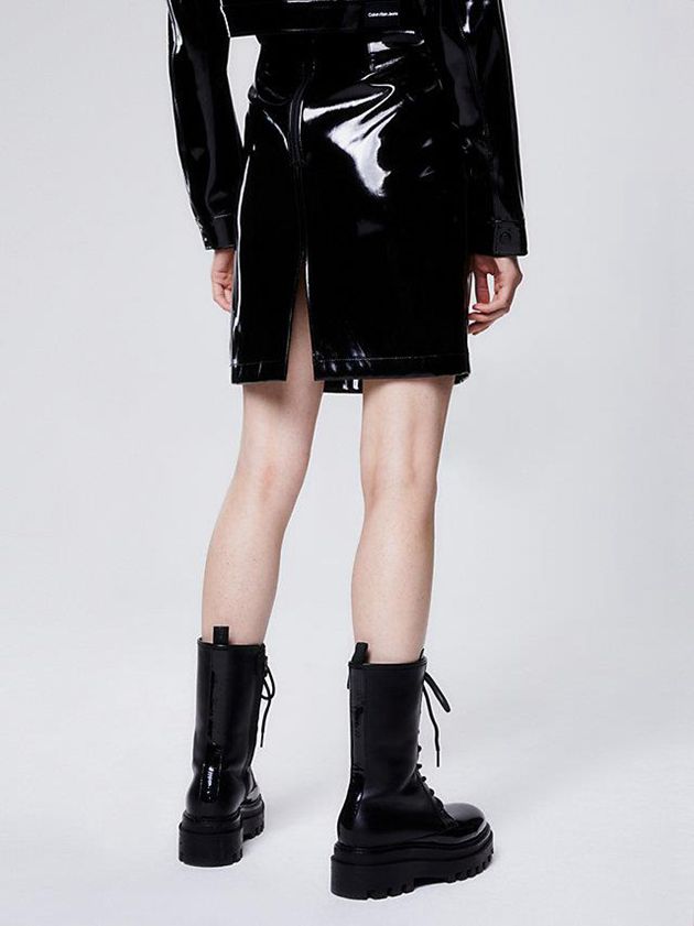 Black Calvin Klein High Shine Faux Leather Mini Women Skirt | OKWP-02759
