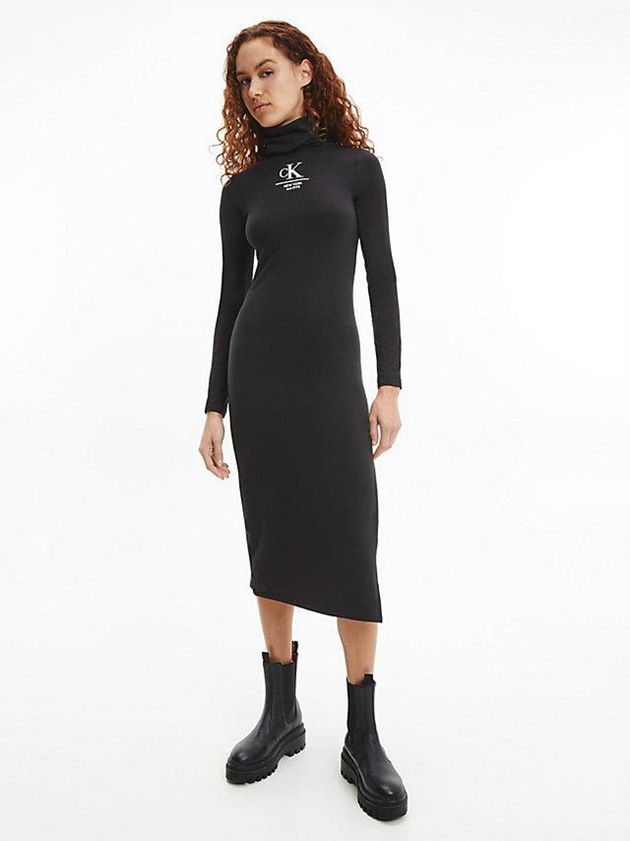 Black Calvin Klein Jersey Roll Neck Maxi Women Dress | MASV-03854
