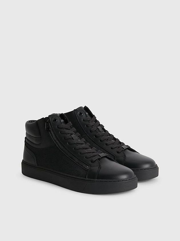 Black Calvin Klein Leather High-Top Logo Men Sneakers | DUBW-12859