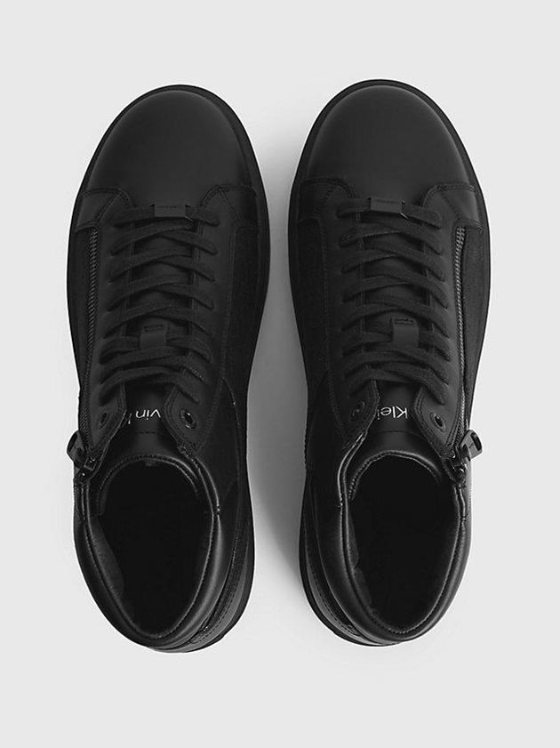 Black Calvin Klein Leather High-Top Logo Men Sneakers | DUBW-12859