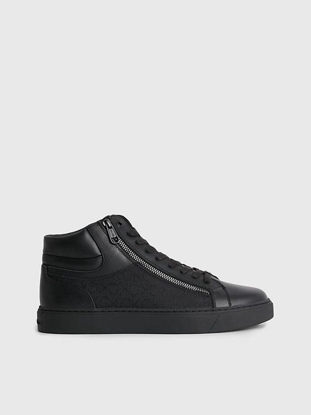Black Calvin Klein Leather High-Top Logo Men Sneakers | DUBW-12859