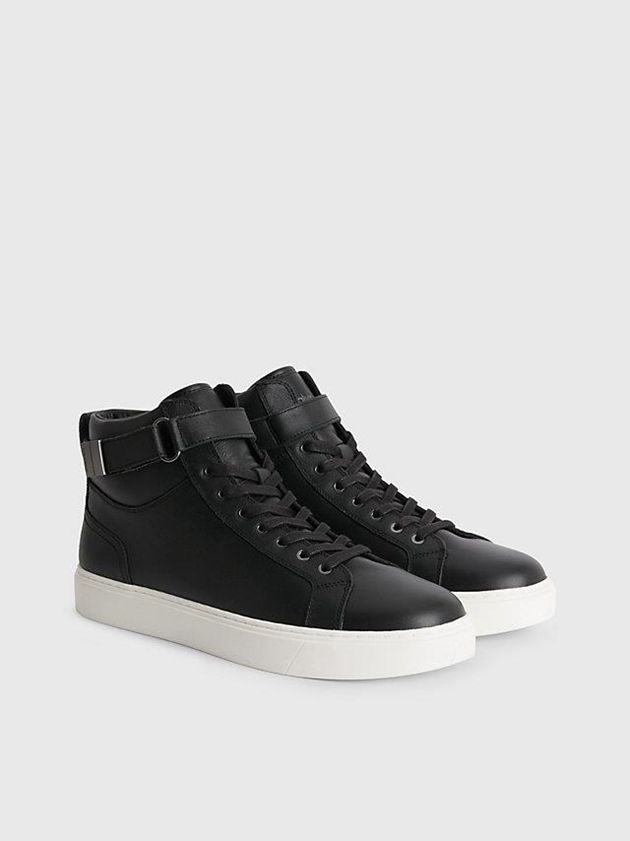 Black Calvin Klein Leather High-Top Men Sneakers | SROM-26459