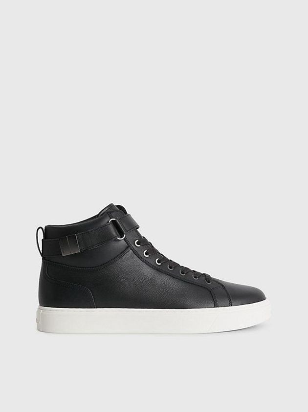 Black Calvin Klein Leather High-Top Men Sneakers | SROM-26459