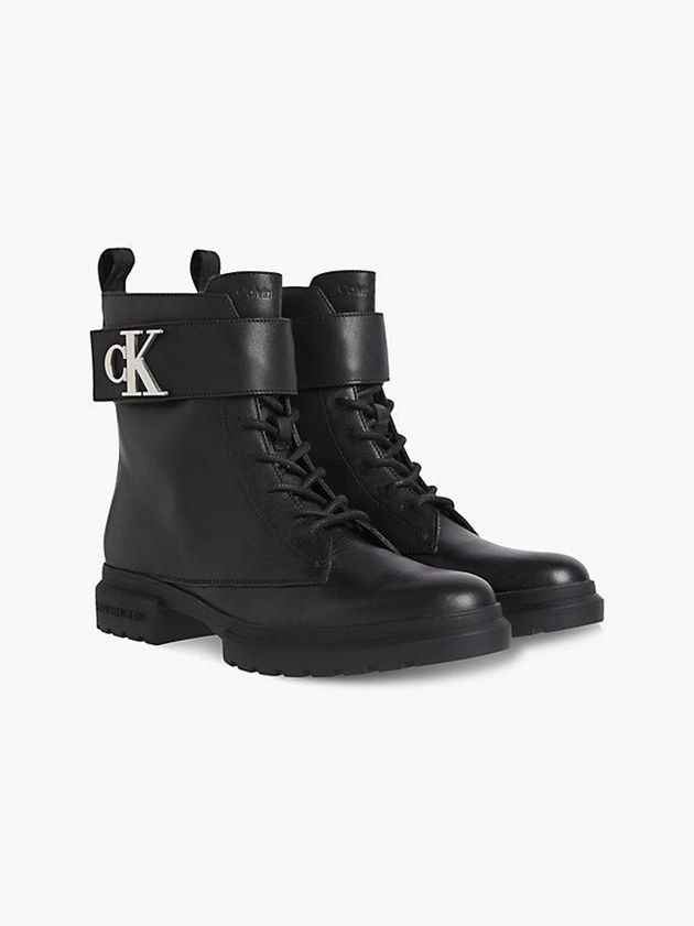 Black Calvin Klein Leather Lace-Up Women Boots | NIVP-10468