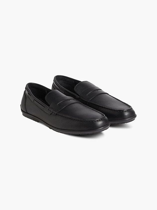 Black Calvin Klein Leather Loafers Men Slip On | OMZD-86052